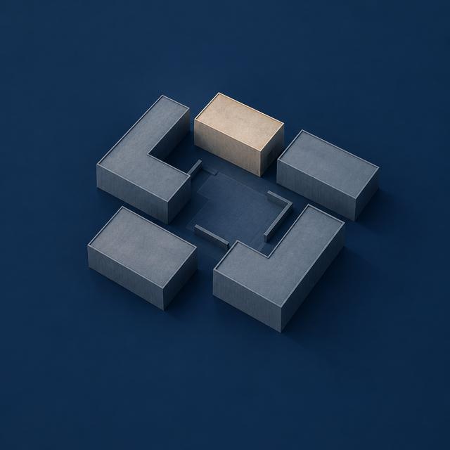 AI-generated illustration: five reduced building volumes from an aerial view on a dark blue ground.